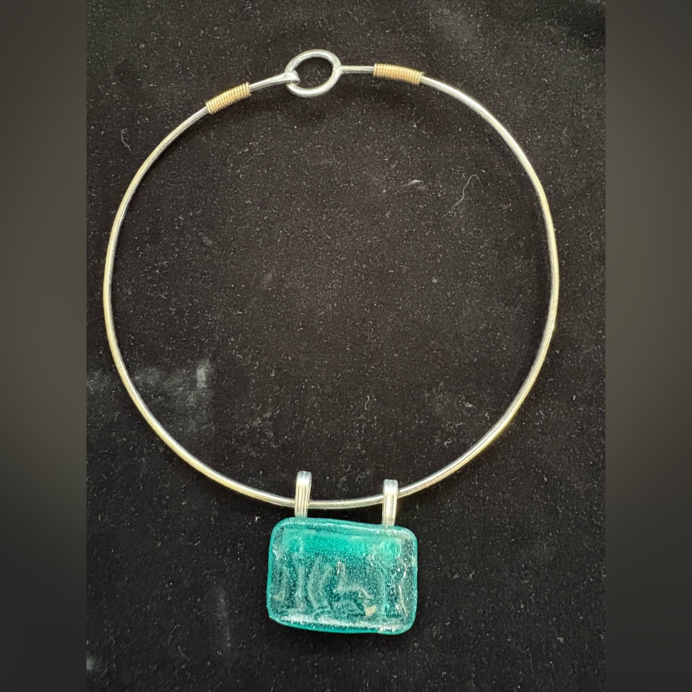Handmade Glass Cast Sumerian Aqua Cylinder Stone Pendant on Sterling 17” Collar